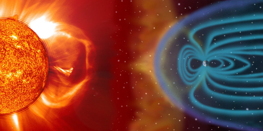 Artistieke impressie van een zonneuitbarsting die het aardmagnetisch veld treft.